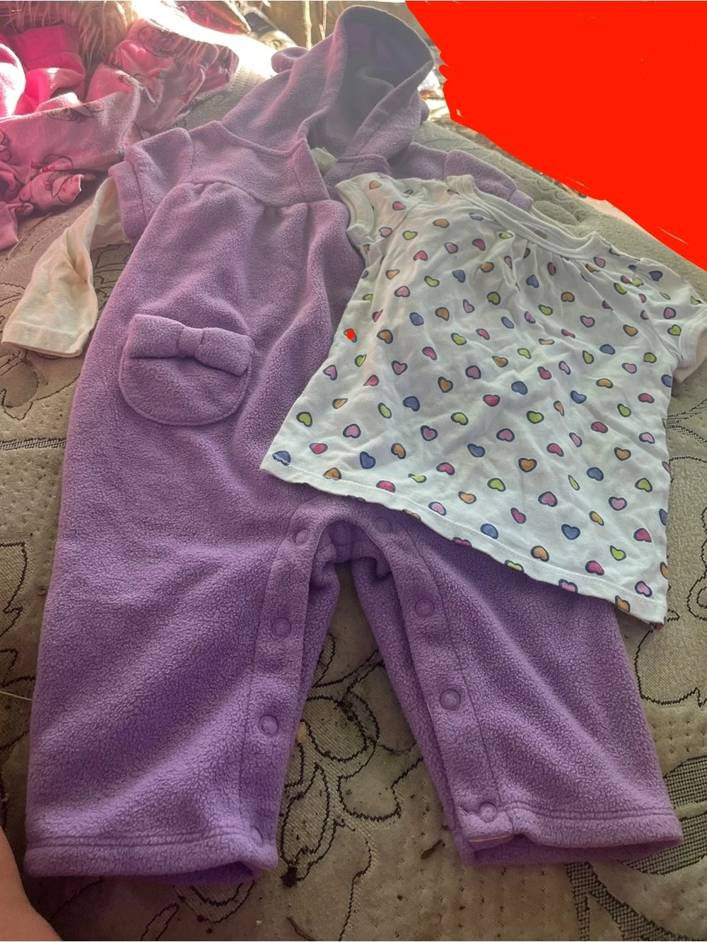 Girls' Purple Hooded Fleece Pajama Romper with Heart Print Top 6-12m